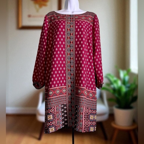LOFT Dresses & Skirts - Loft diamond mozaic shift dress size S. Dark pink. Aztec Geometric Print. Boho.
